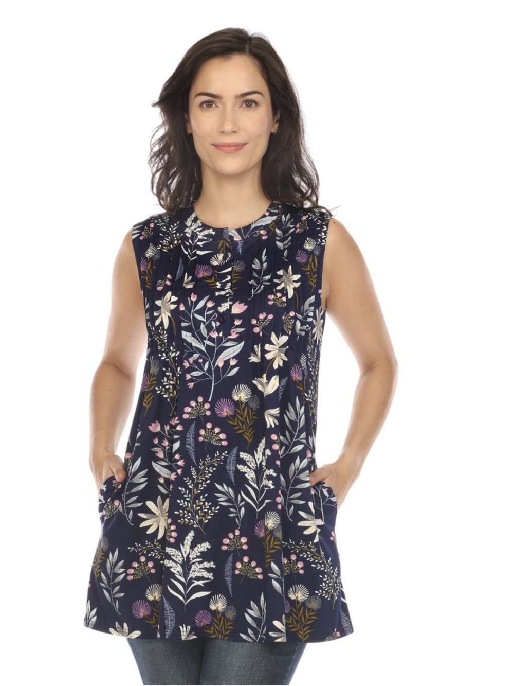 White Mark Navy Floral Sleeveless Tunic